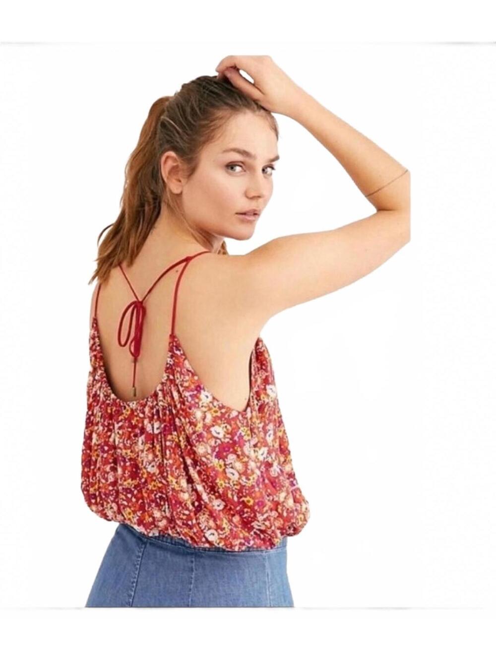 Free People Red Floral Cropped Daisy Babe Tank Small - Picture 2 of 11